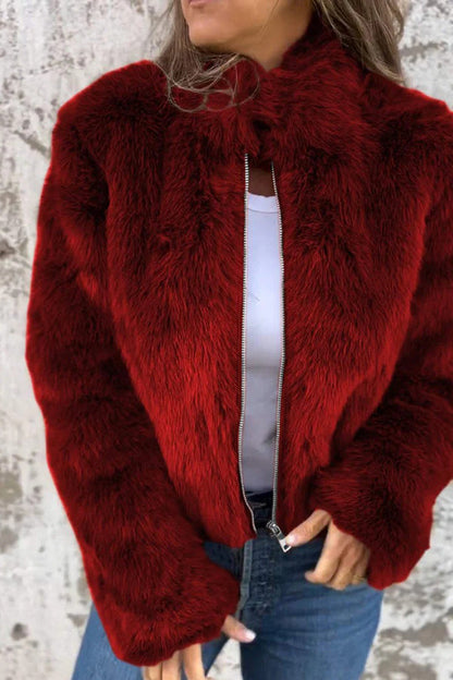 Damen Kunstpelzjacke Rollkragen Reißverschluss