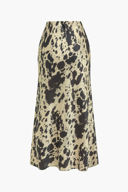 Damen Midirock Satin Kuhfellmuster Hochtailliert