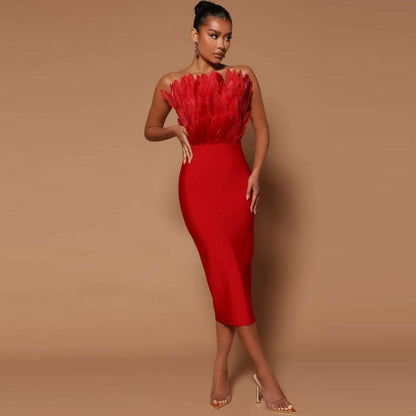 Norvielle Damen Tube--Kleid Federbesatz Elegantes Kleid - Norvielle
