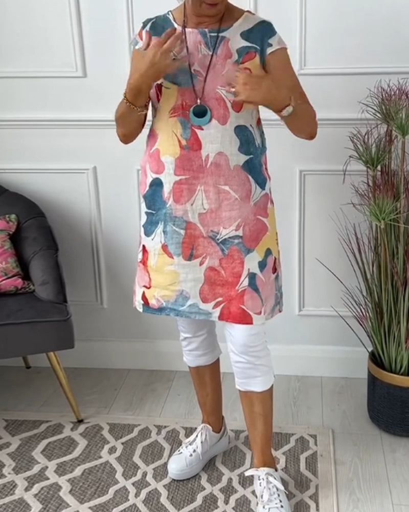 Damen Longtop Blumenprint Farbenfroh Baumwolle - Norvielle