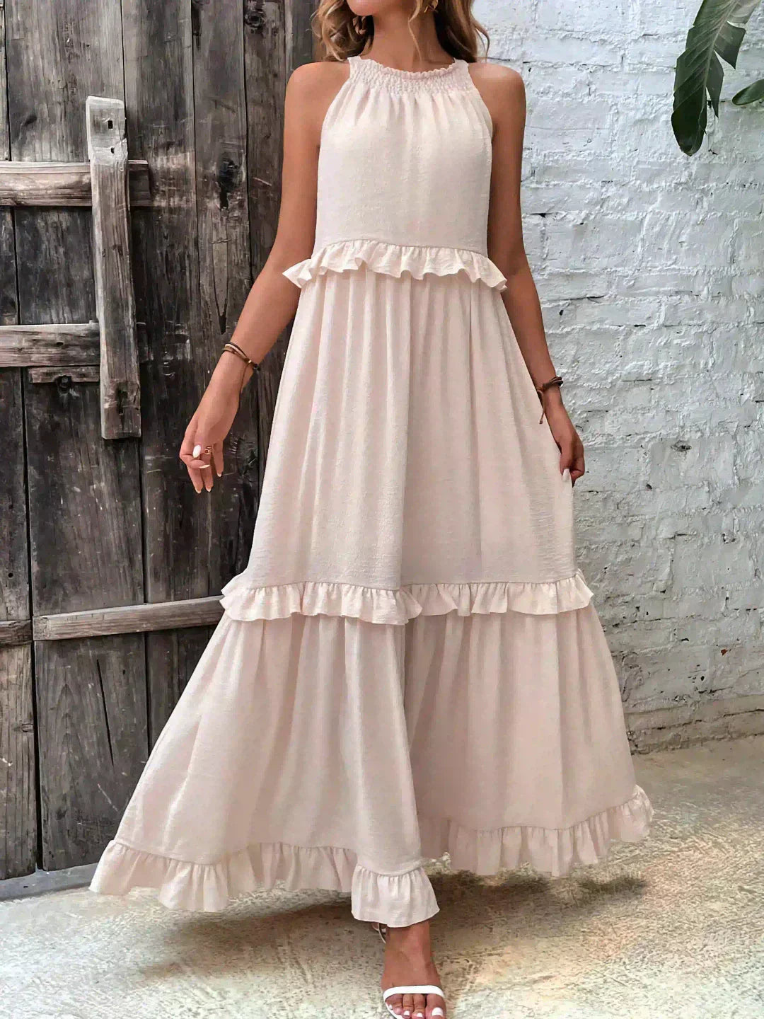 Damen Maxikleid Volants Neckholder Ausschnitt Sommerlich Feminin