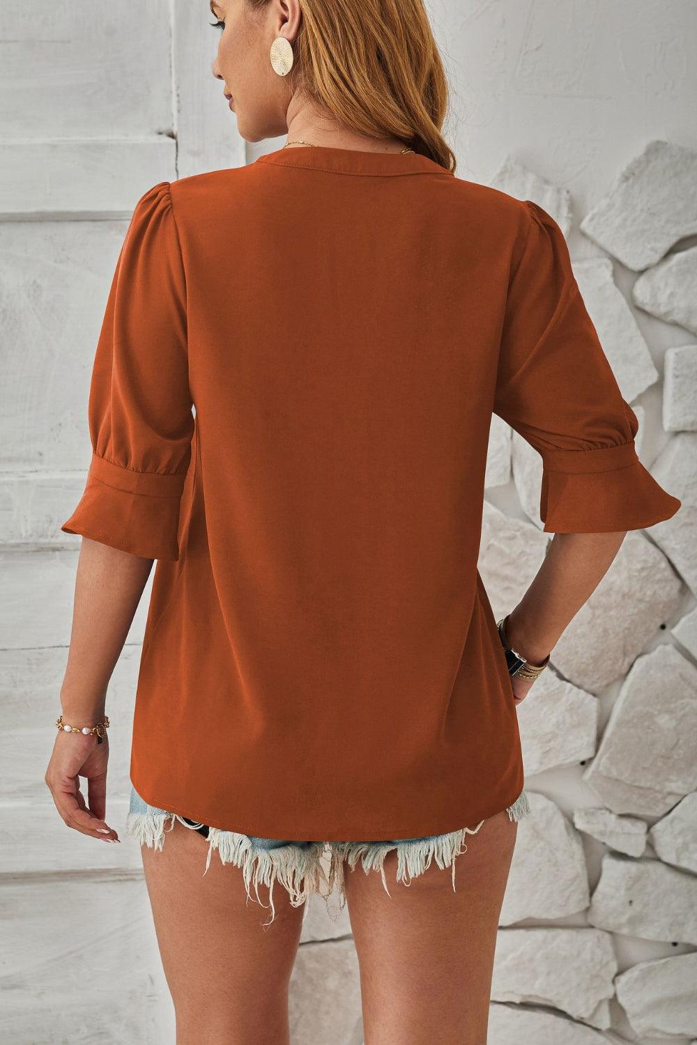 Damen Bluse V-Ausschnitt Halbe Puffärmel Feminin Büro