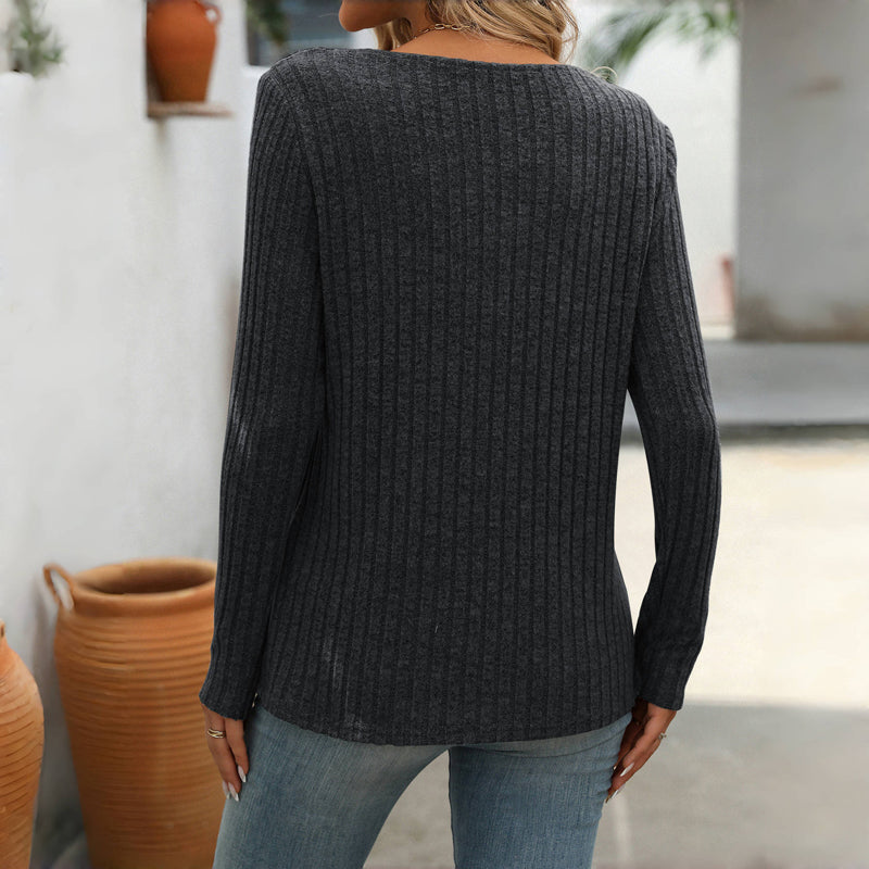 Damen Strickpullover V-Ausschnitt Knopfleiste