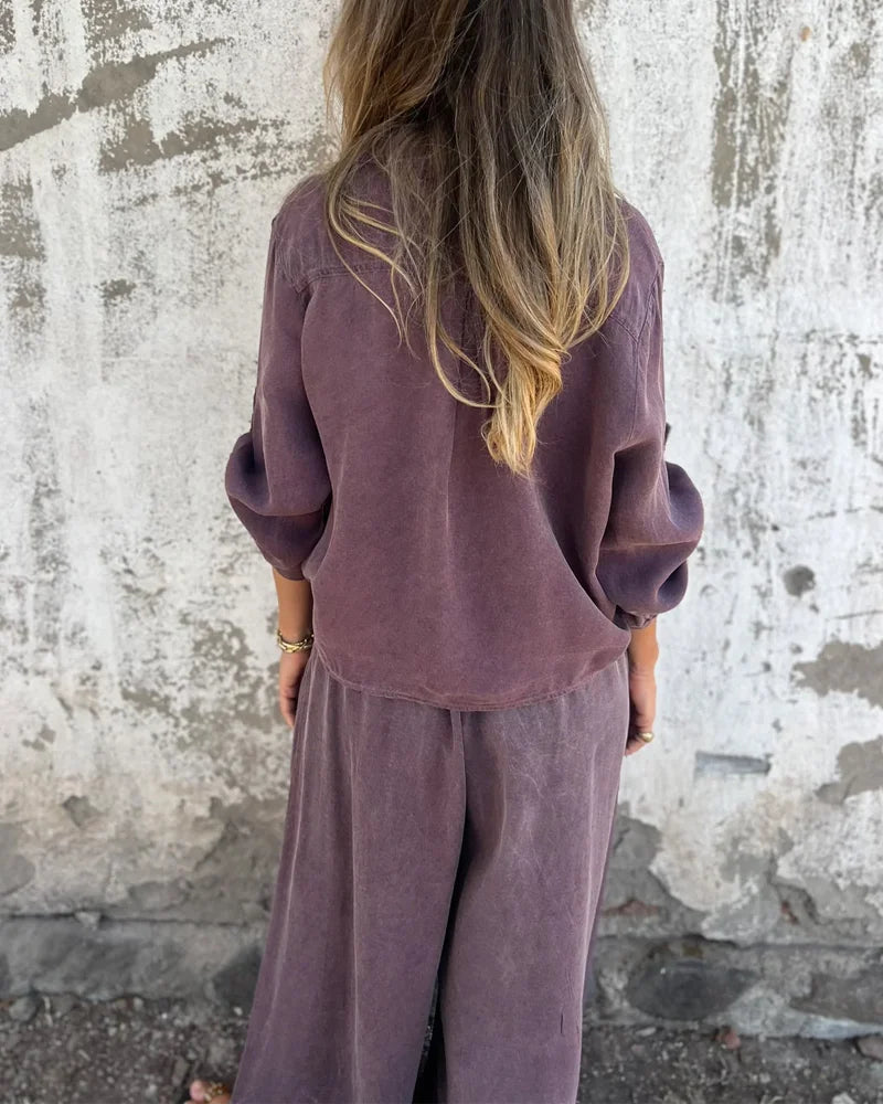 Damen Zweiteiler Uni Farbe Weite Hose Locker Bluse