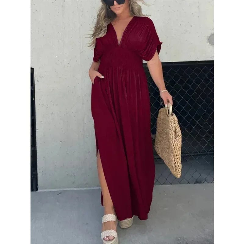 Damen Maxikleid Sommer Langes V-Ausschnitt Schlitz Boho
