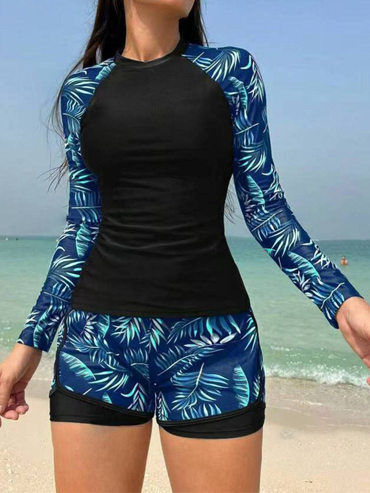 Norvielle Damen Langarm Tankini Badeanzug Doppelhose