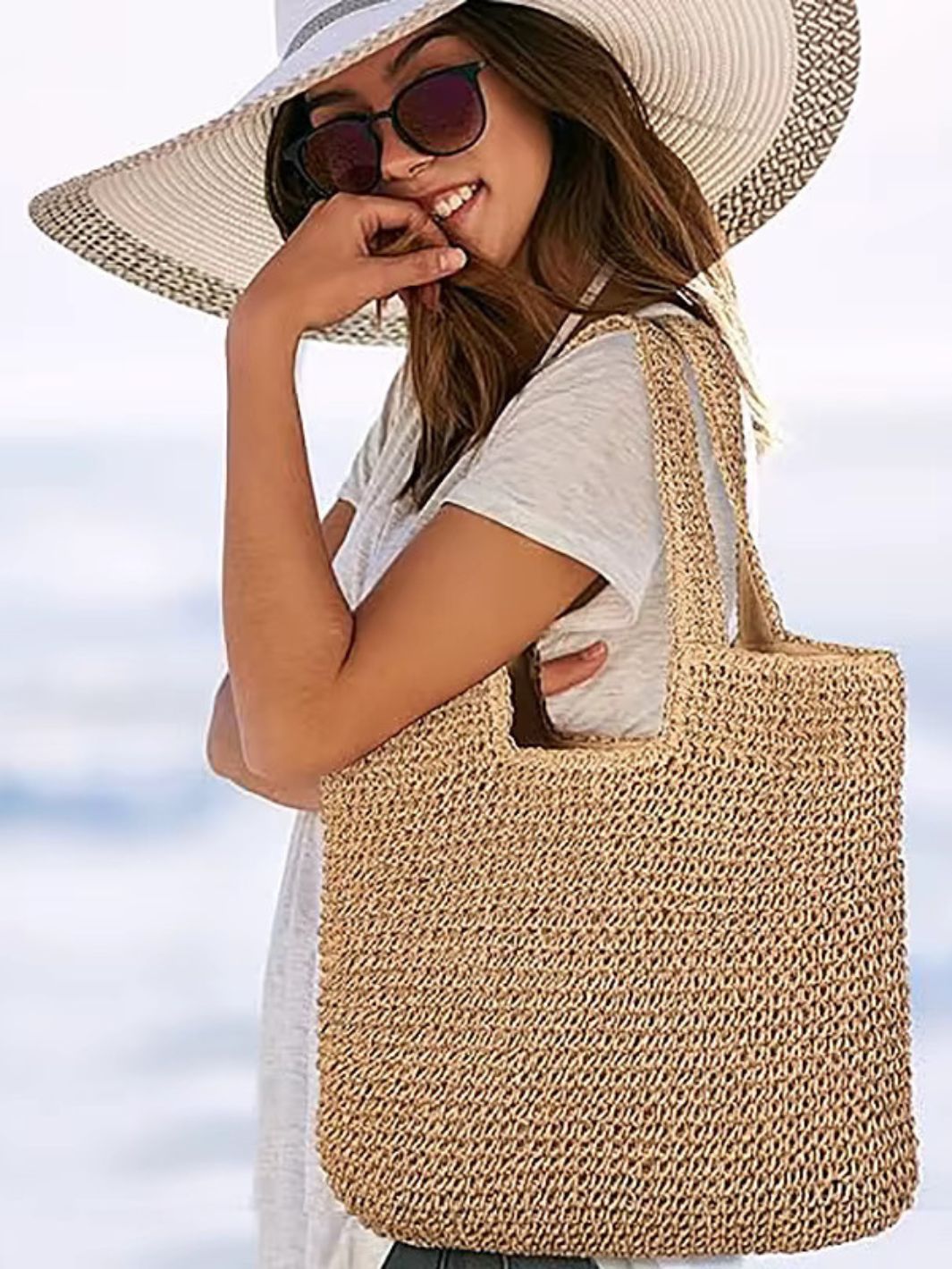 Gehäkelte Strohtasche Damen Groß Doppelte Schulterhenkel Beige