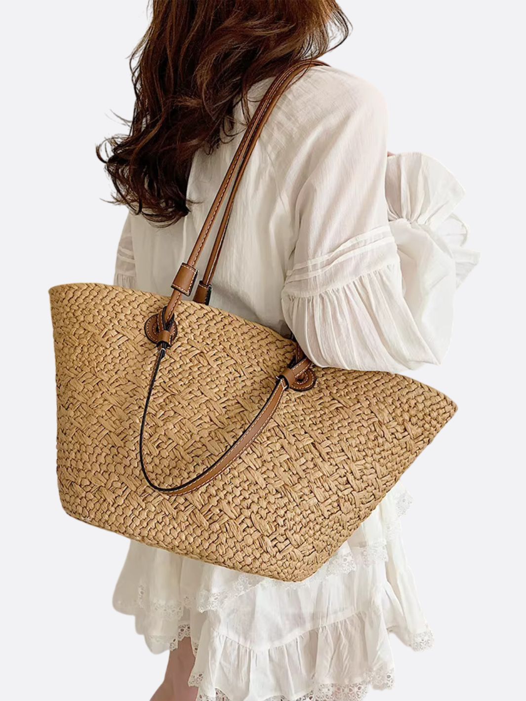 Amara Damen Strohtasche Trapezform Kunstleder Schulterriemen Beige
