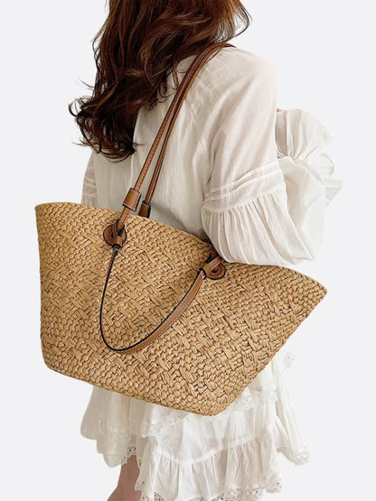 Amara Damen Strohtasche Trapezform Kunstleder Schulterriemen Beige