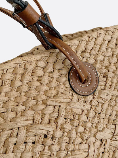 Amara Damen Strohtasche Trapezform Kunstleder Schulterriemen Beige