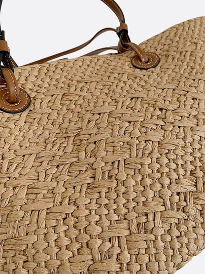 Amara Damen Strohtasche Trapezform Kunstleder Schulterriemen Beige