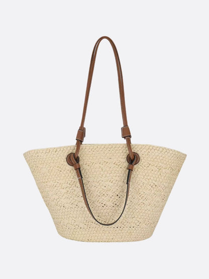 Amara Damen Strohtasche Trapezform Kunstleder Schulterriemen Beige
