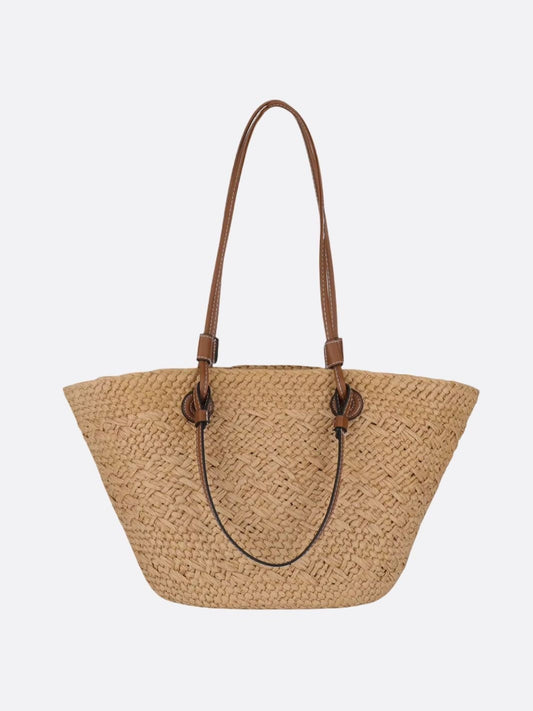 Amara Damen Strohtasche Trapezform Kunstleder Schulterriemen Beige - Norvielle