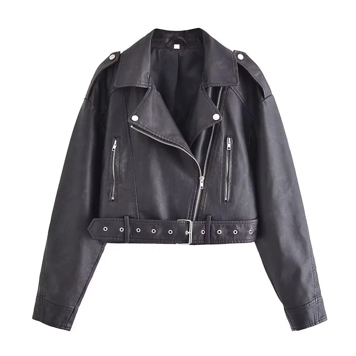 Damen Motorradjacke Leder Reißverschluss