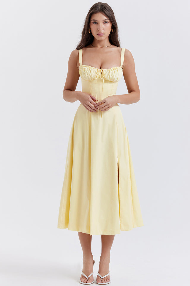 Damen Midikleid Taillenformend Zitronengelb - Norvielle