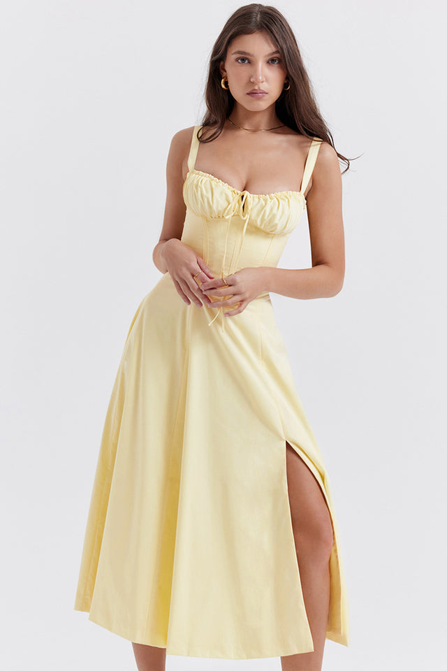 Damen Midikleid Taillenformend Zitronengelb