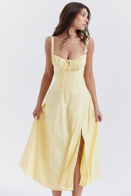 Damen Midikleid Taillenformend Zitronengelb