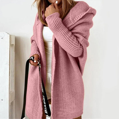 Damen Strickjacke Kapuze Lang Warm Beige