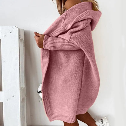 Damen Strickjacke Kapuze Lang Warm Beige