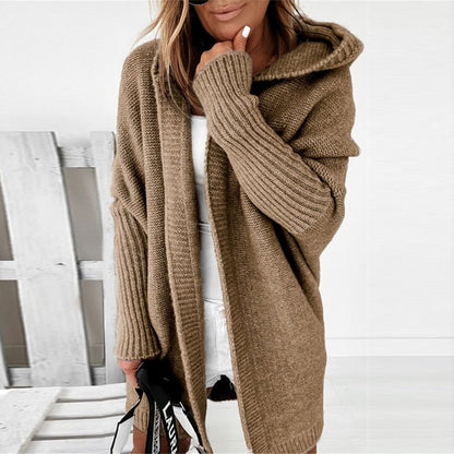 Damen Strickjacke Kapuze Lang Warm Beige