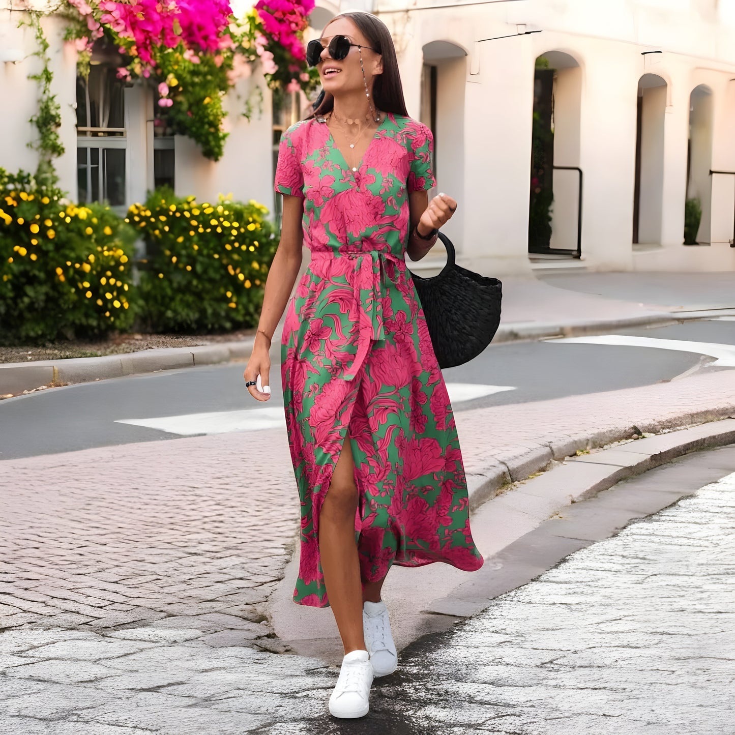 Damen Wickelkleid Lang Gürtel Printmuster Kurzarm - Norvielle