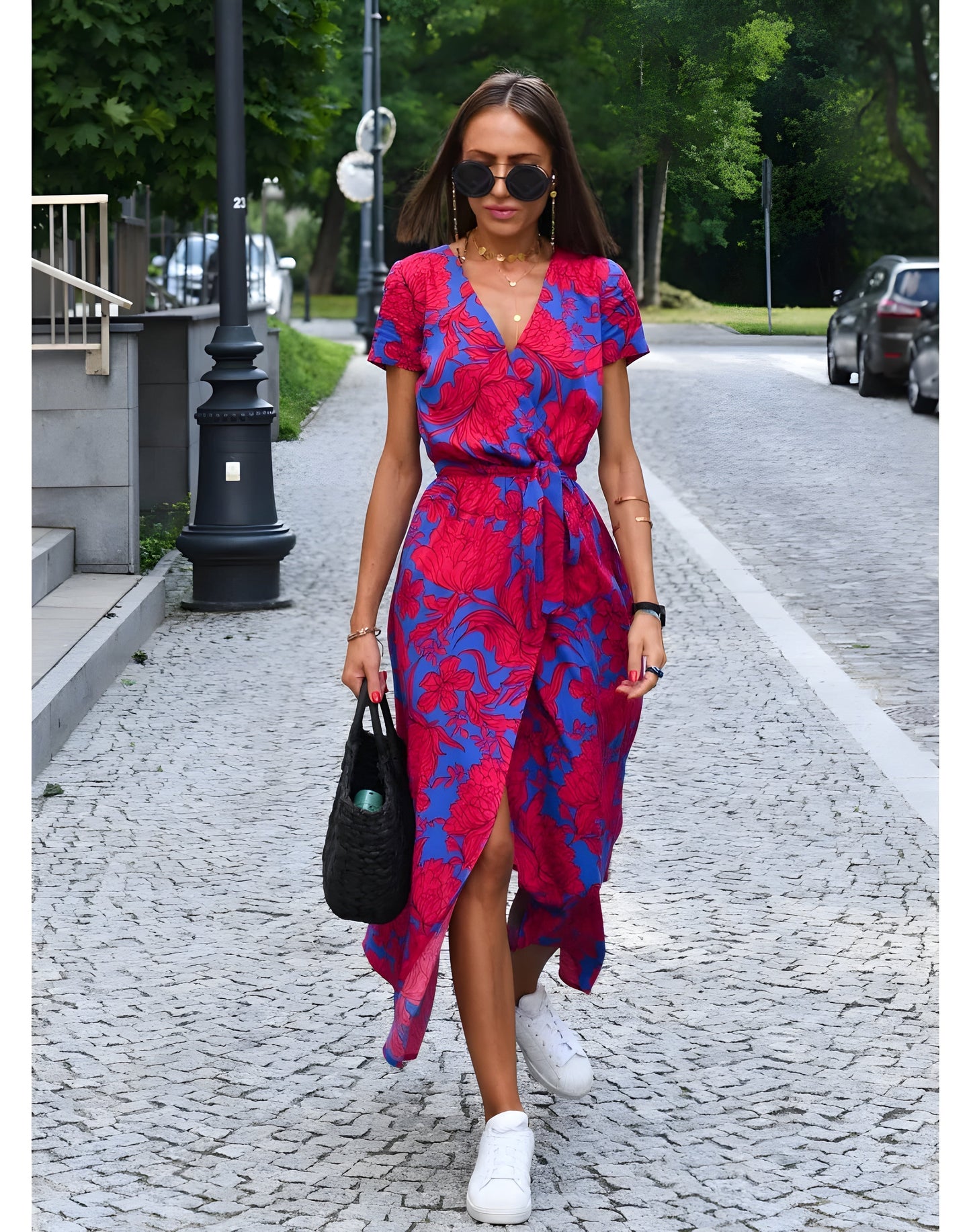 Damen Wickelkleid Lang Gürtel Printmuster Kurzarm