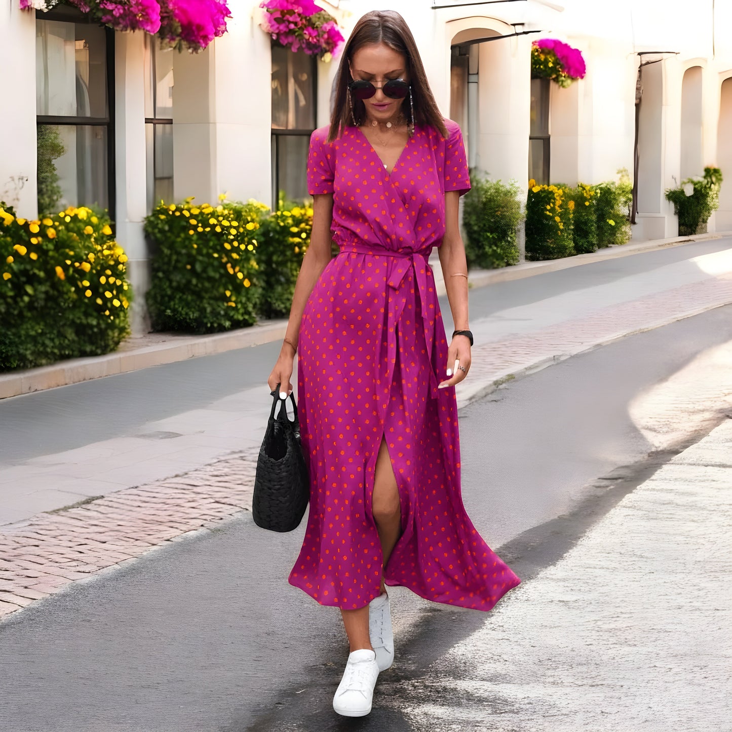 Damen Wickelkleid Lang Gürtel Printmuster Kurzarm