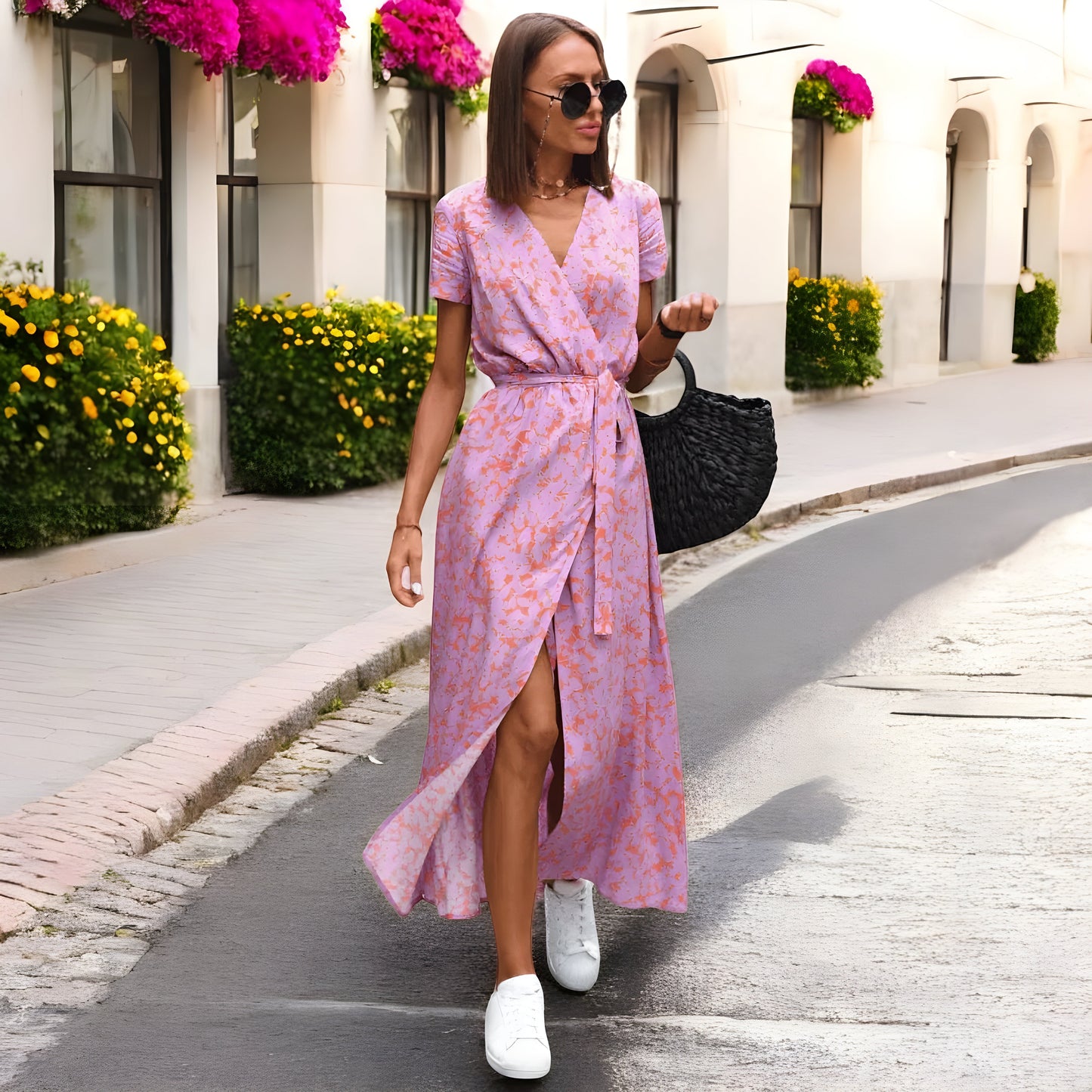 Damen Wickelkleid Lang Gürtel Printmuster Kurzarm