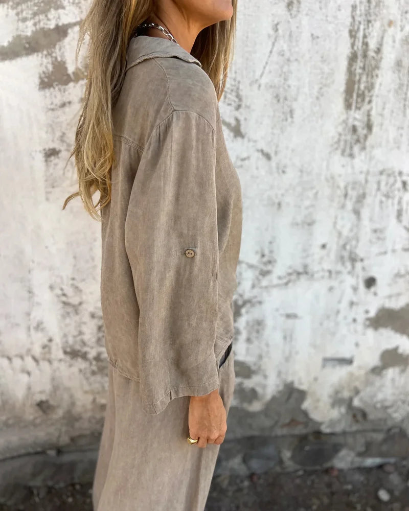 Damen Zweiteiler Uni Farbe Weite Hose Locker Bluse