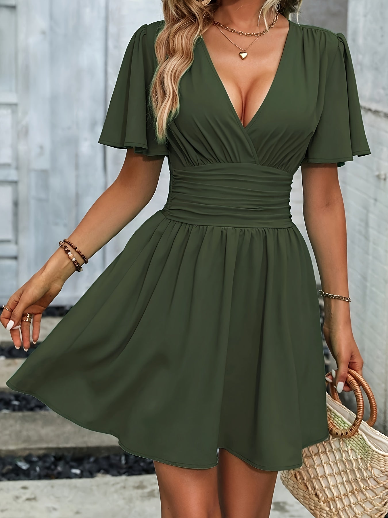 Damen Minikleid V-Ausschnitt Flatterärmel - Norvielle