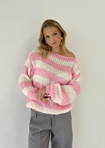 Damen Oversize Pullover Streifenmuster Lässig Beige