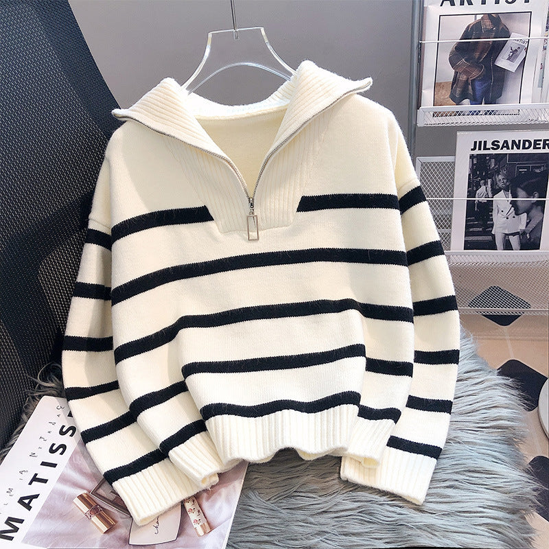 Norvielle Damen Cashmere-Pullover Streifen Reißverschluss Beige - Norvielle
