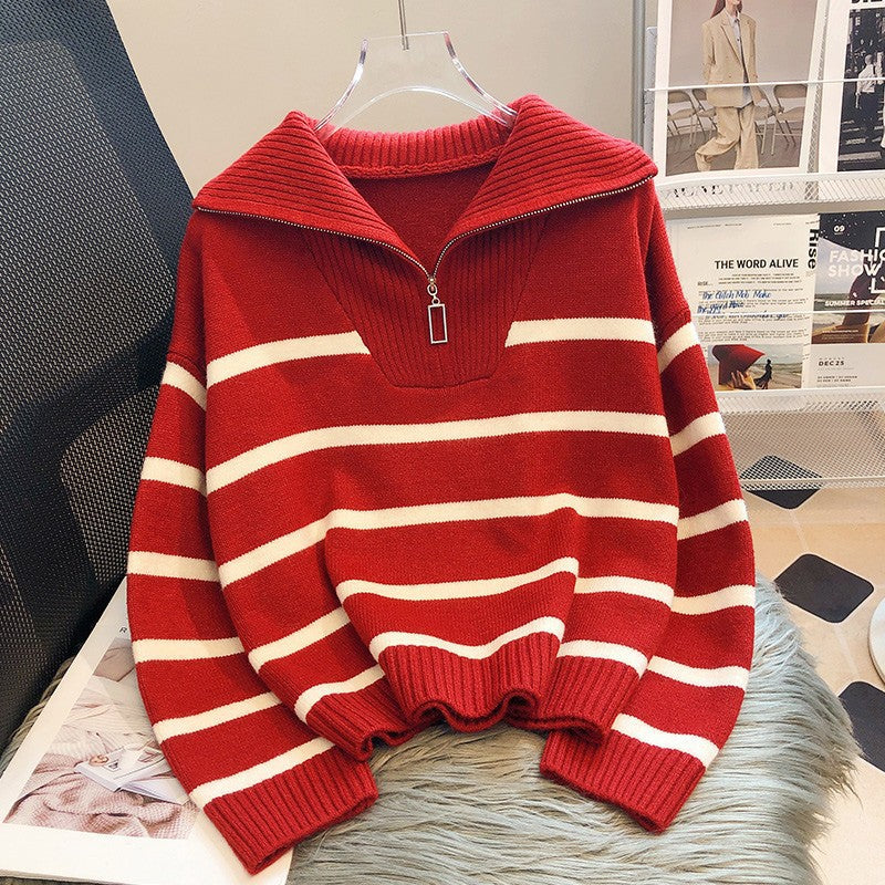 Norvielle Damen Cashmere-Pullover Streifen Reißverschluss Beige