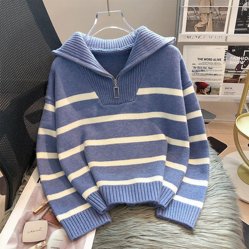 Norvielle Damen Cashmere-Pullover Streifen Reißverschluss Beige