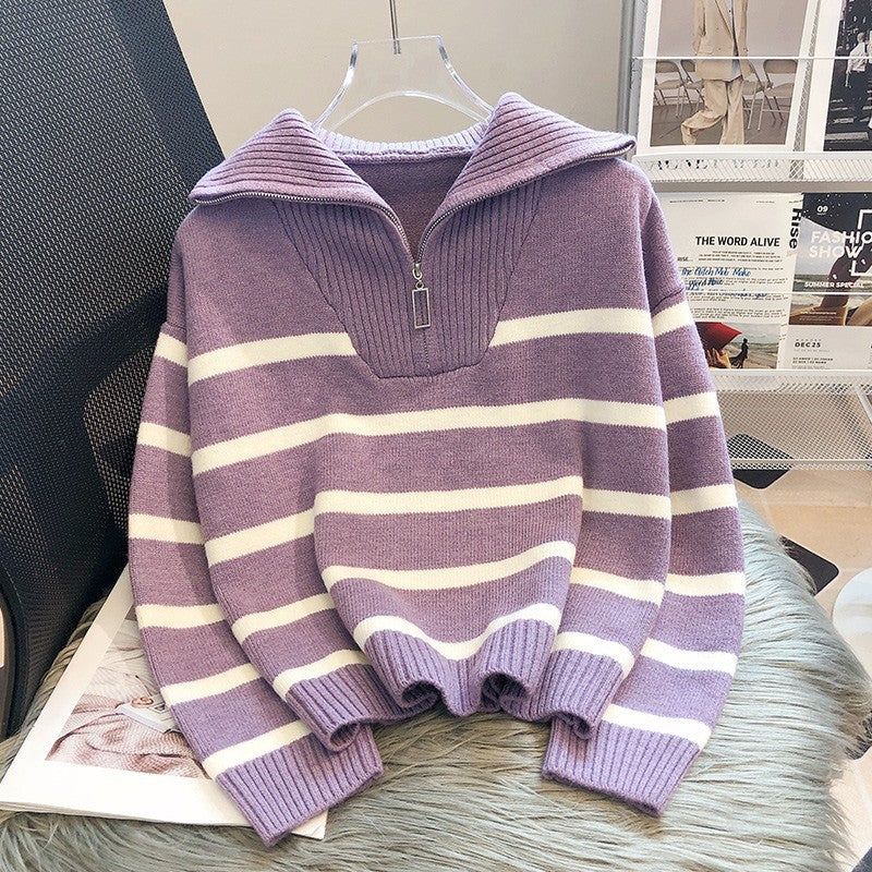 Norvielle Damen Cashmere-Pullover Streifen Reißverschluss Beige