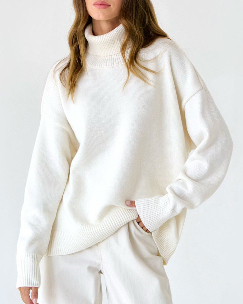 Damen Oversize Pullover Lässig Hochhalter Beige - Norvielle