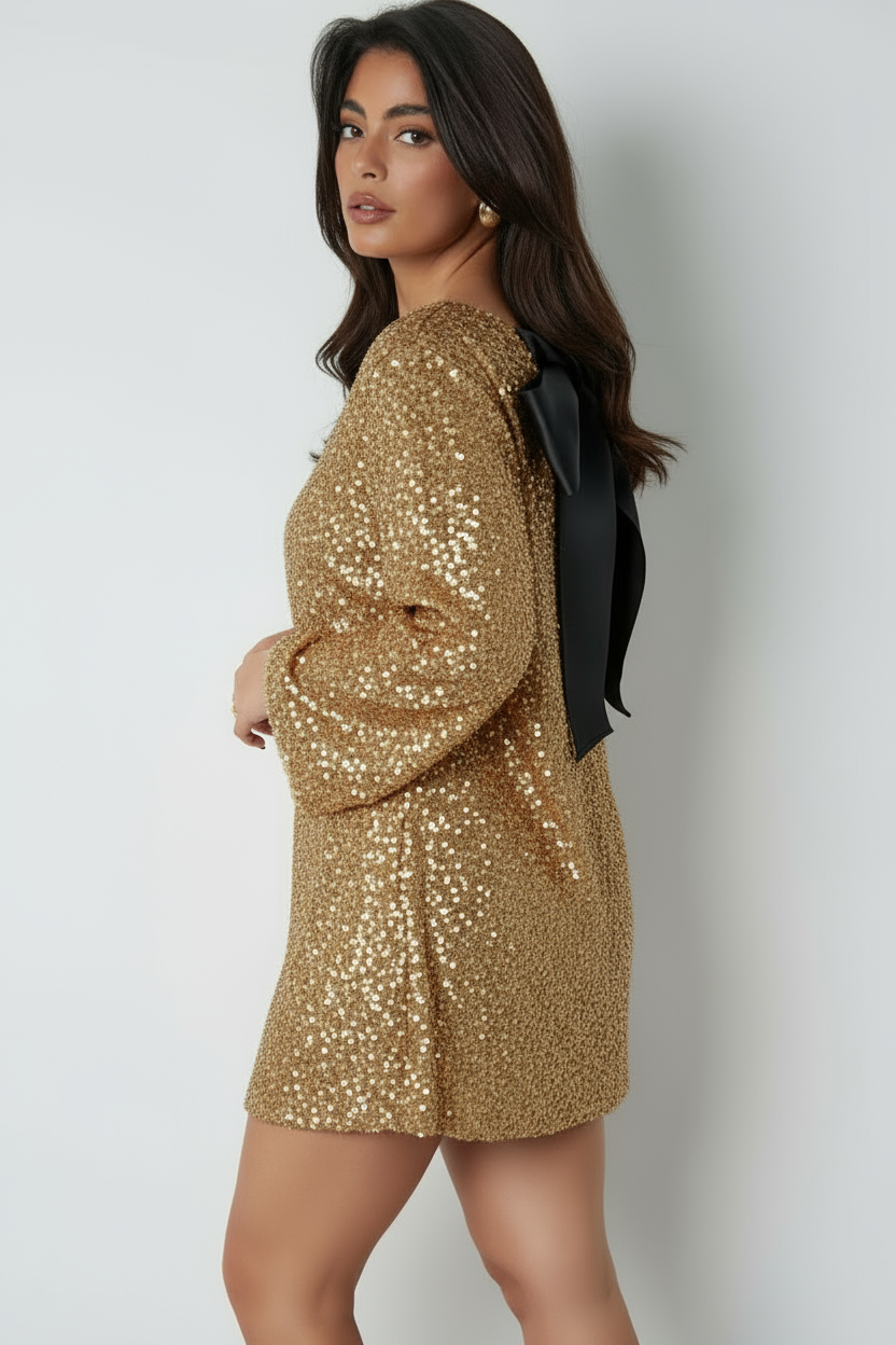 Damen Langarmkleid Hochzeitsgast Mini mit Schleife