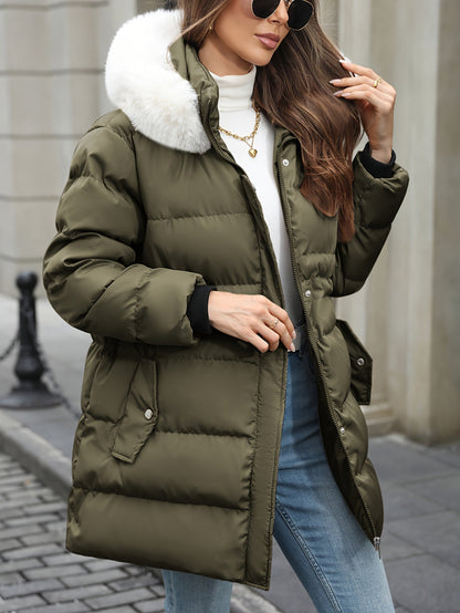 Damen Daunenjacke Mit Kapuze Fellbesatz
