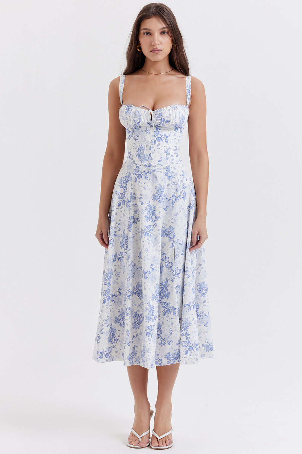 Damen Midikleid mit Corsagen- Blumenprint Blau-Weiß - Norvielle