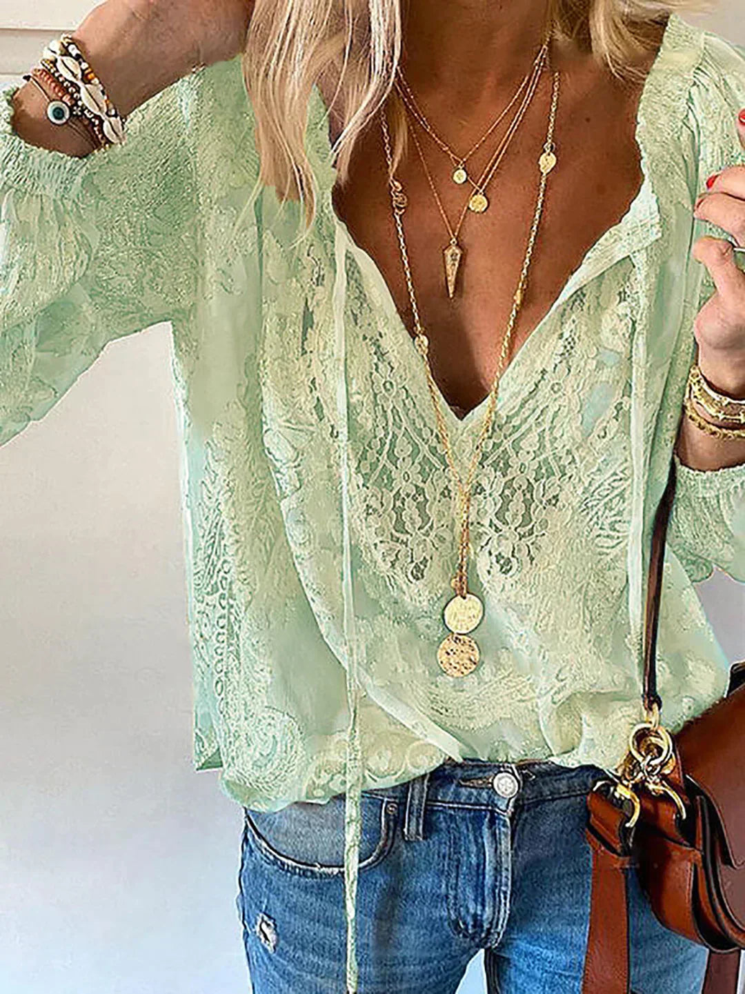 Damen Spitzenbluse V-Ausschnitt Chiffon Weiß