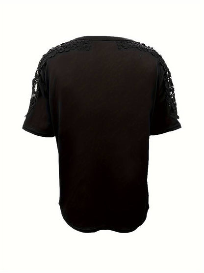 Norvielle Damen Rundhals T-Shirt Einfarbig Spitzenähte