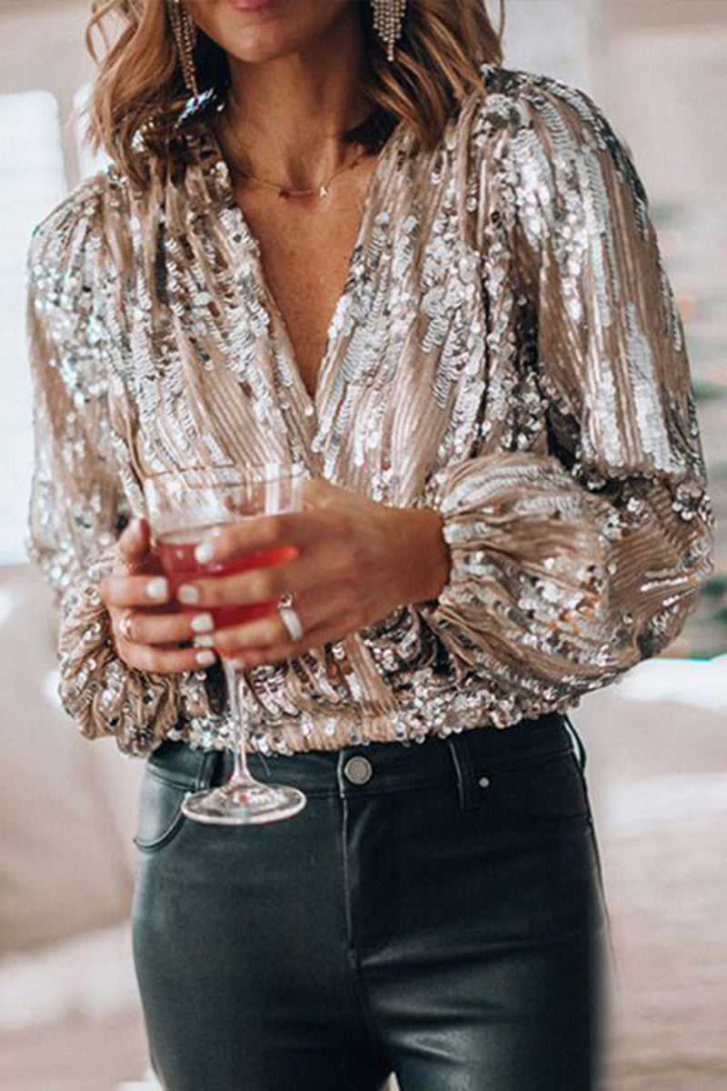 Tinky Damen Glitzerbluse V-Ausschnitt Puffärmel Lurex Effekt