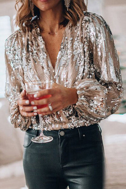 Tinky Damen Glitzerbluse V-Ausschnitt Puffärmel Lurex Effekt