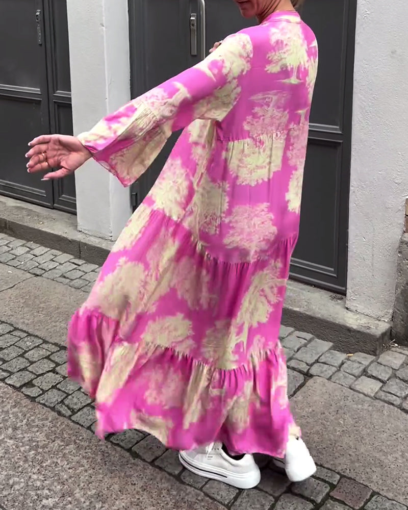 Damen Maxi-Kleid mit Blumenprint Volantärmeln Stehkragen Leicht