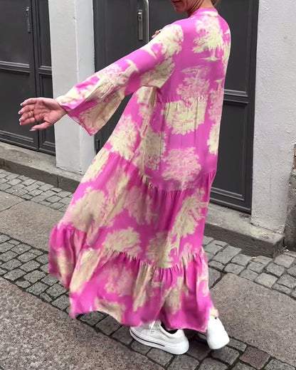 Damen Maxi-Kleid mit Blumenprint Volantärmeln Stehkragen Leicht