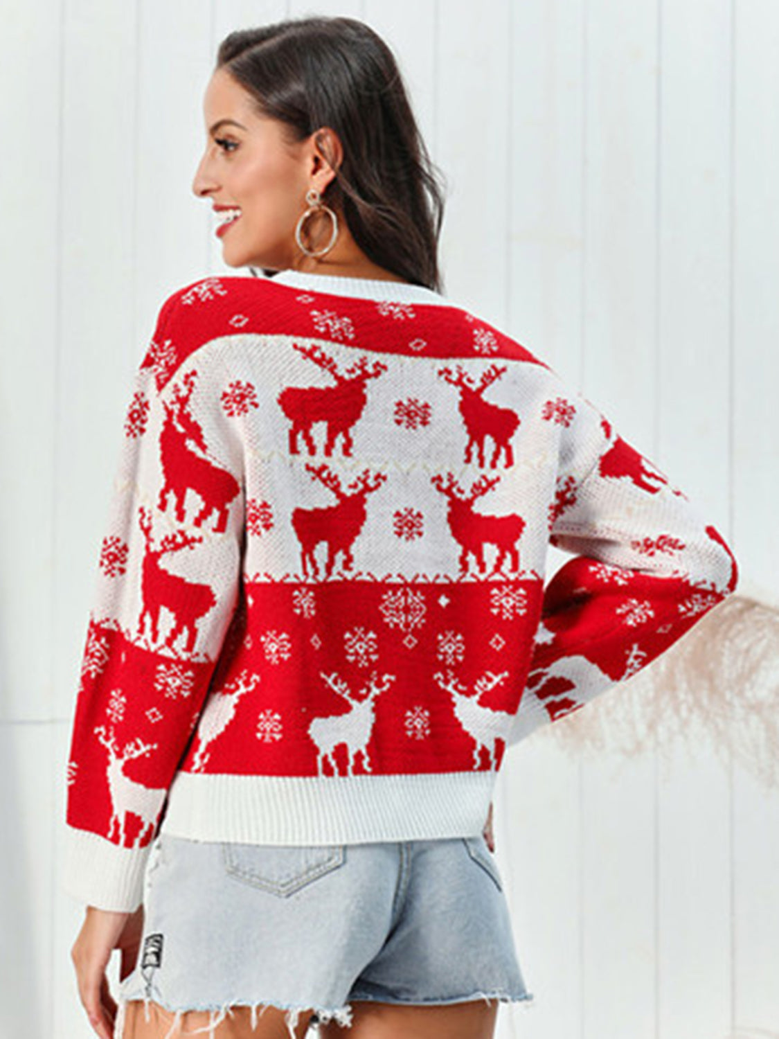 Weihnachtspullover Rentiermuster Rot Weiß Rundhals