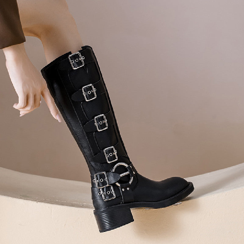 Damen Stiefel Mit Schnalle Chunky Absatz Schwarz - Norvielle