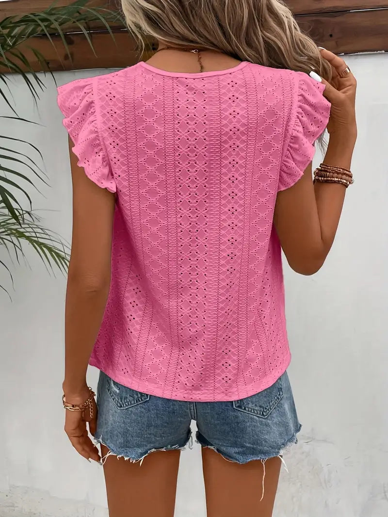 Damen Vintage T-Shirt Rundhalsausschnitt Rüschenbesatz