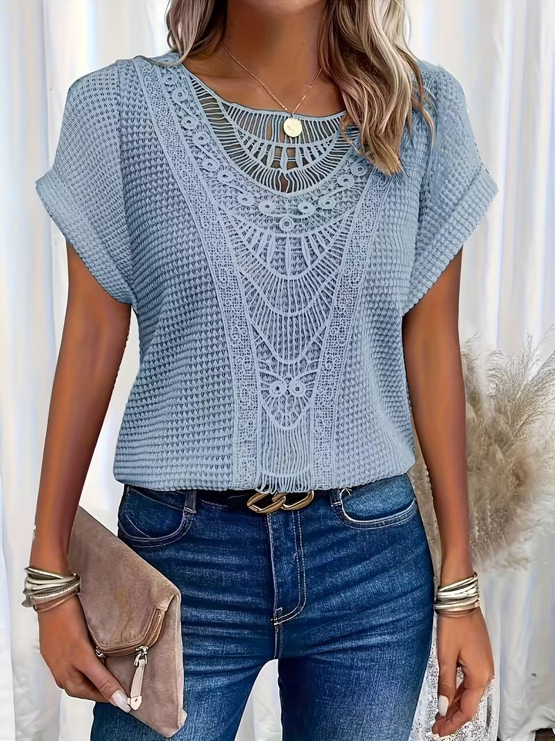 Norvielle Damen T-Shirt Spitzenspleiß Rundhals Weiss