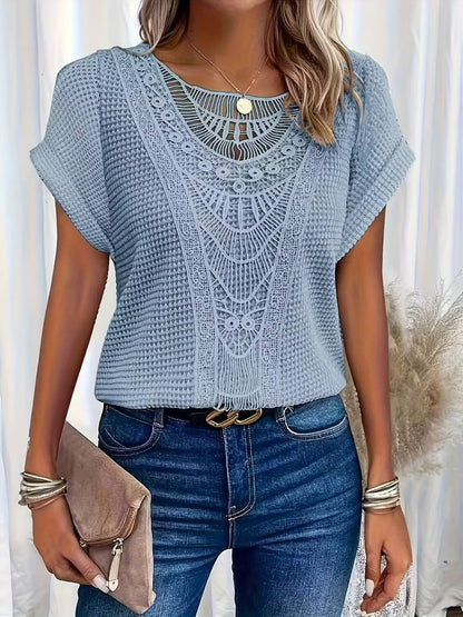 Norvielle Damen T-Shirt Spitzenspleiß Rundhals Weiss